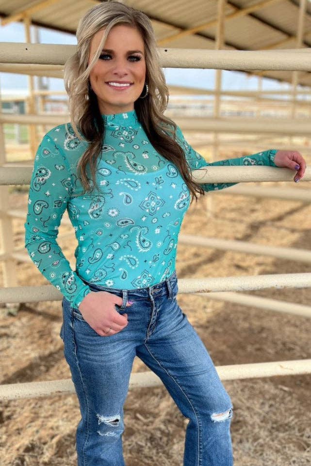 Sterling Kreek - Wholesale Blouse - Women's - Bandana Babe Mesh Top Turquoise2