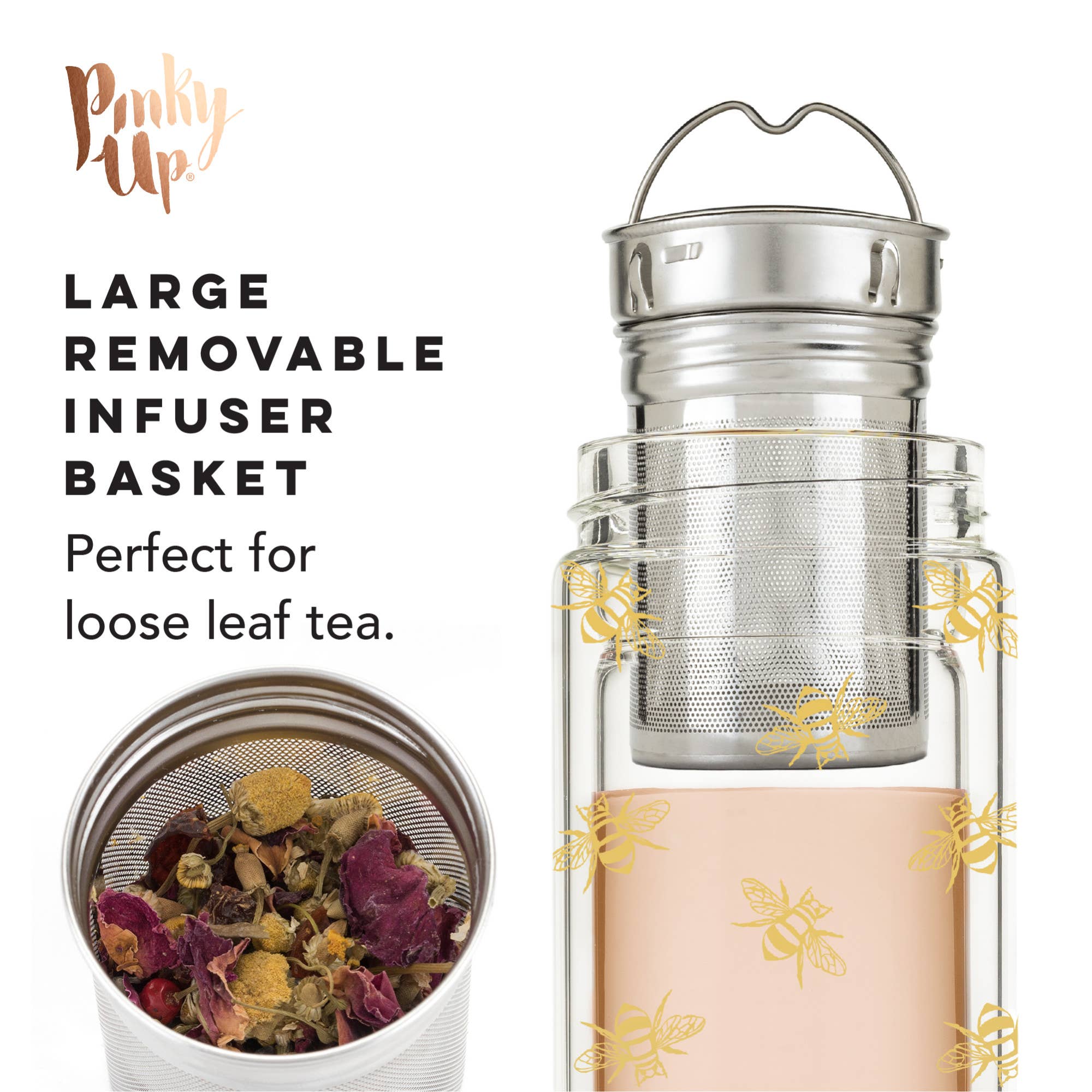 Pinky Up - Wholesale Insulated Mug/Tumbler - Blair™ Insulated Glass Travel Mug with Tea Infuser Bee7