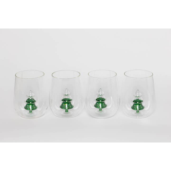 JF Glitter Christmas Tree Stemless Wine Glass, Set of 4 for wholesale by Jeanne Fitz