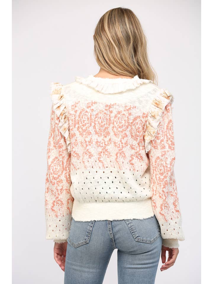 IVORY CORAL YELLOW RUFFLE TRIMMED FRONT BUTTON CLOSURE CARDIGAN FW15099 for wholesale on Faire