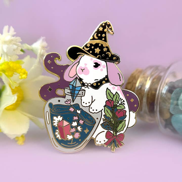Rabbit Witch Enamel Pin for wholesale by The Crowned Rabbit
