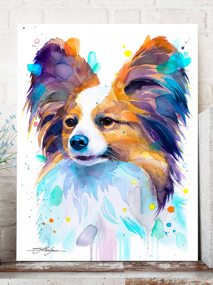 Papillon, peinture à l'aquarelle avec chien, animal de compagnie mignon, art mural pour la vente par Slaveika Aladjova