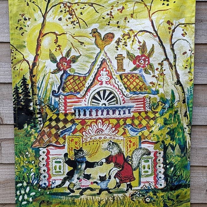 Fairytale Cat's House organic cotton kitchen towel for wholesale by Kapelki Art