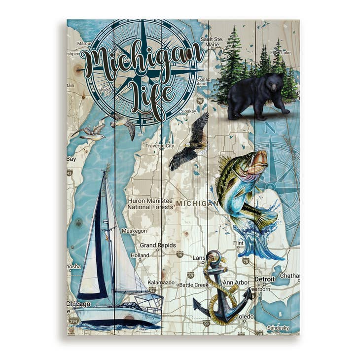 Michigan Wild Life 18x24 Wood Pallet Map for wholesale by Map Mom