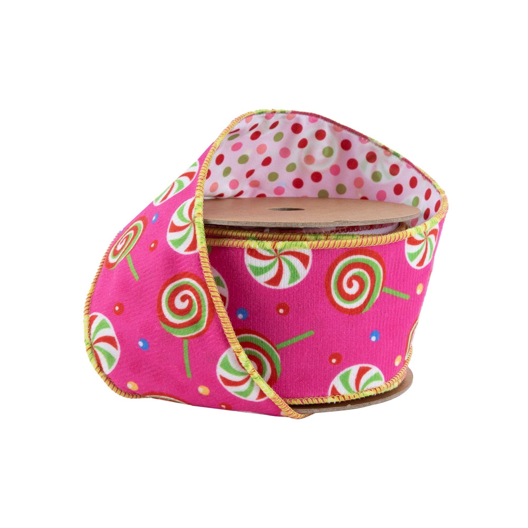 LA Ribbons Wholesale - Wholesale Ribbon - Gift Wrapping - Reversible Velvet Ribbon Pink Candies Polka Dot 10yd