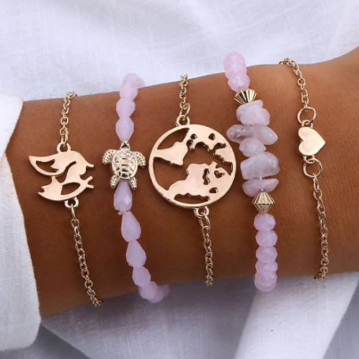 Pink Turtle World Bracelet Set for wholesale by Kate Tuesday Jewelry