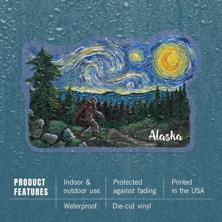 Lantern Press - Wholesale Sticker - STICKERS Alaska, Starry Night, Bigfoot3