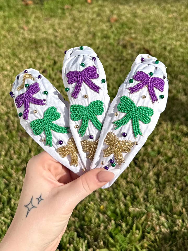 Mardi Gras Bow Headband for wholesale by La Luna Belle LLC