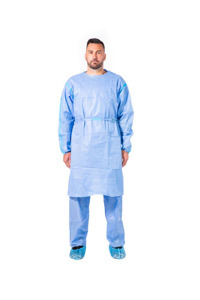 Paneffort - Venta al por mayor Uniforme de sanidad - Hombre - Batas de aislamiento desechables azules de peso pesado con puños elásticos y mangas largas (paquete de 100)3