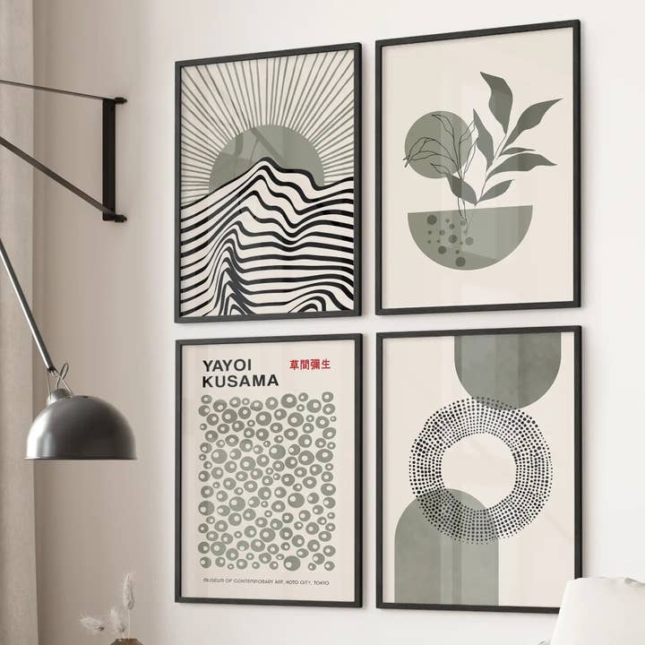 Yayoi Kusama, Decoração de Parede Inspirada na Bauhaus. Conjunto de 4 Obras de Arte Boho por atacado de PrintSets.com