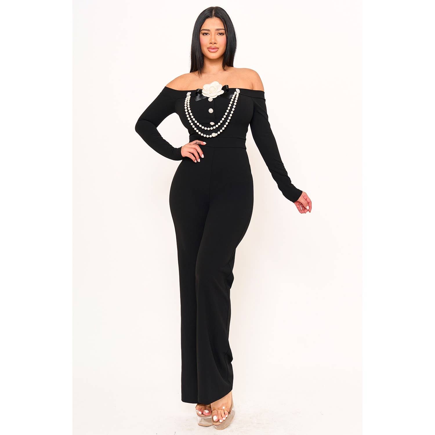 BLACK Off The Shoulder Contrast Trim Jumpsuit for wholesale on Faire2