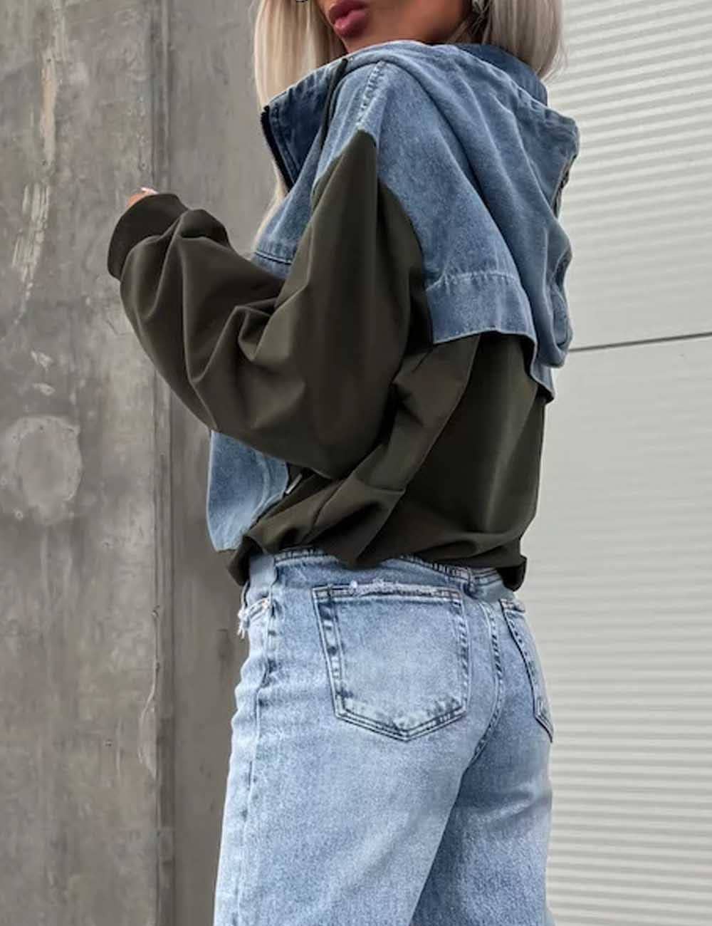 Dipped Shop - Wholesale Hoodie - Women's - Trendy Splice Color Block Washed Denim Hoodie DP25E7633