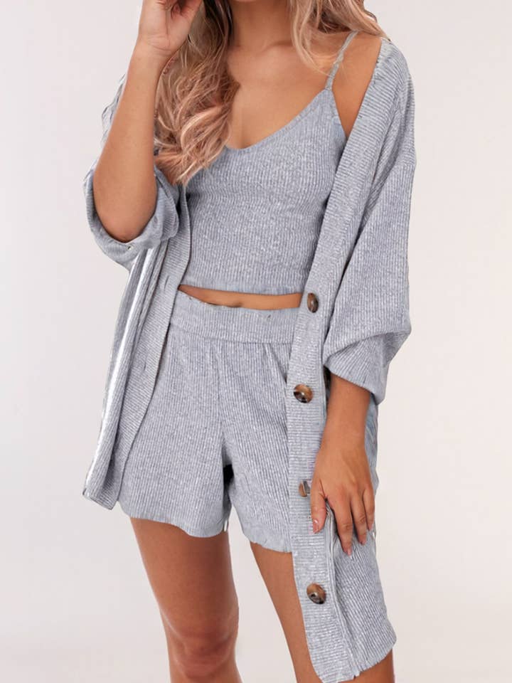 Camisole and Shorts Lounge Set with Cardigan – 3-Piece Set for wholesale by LA Society