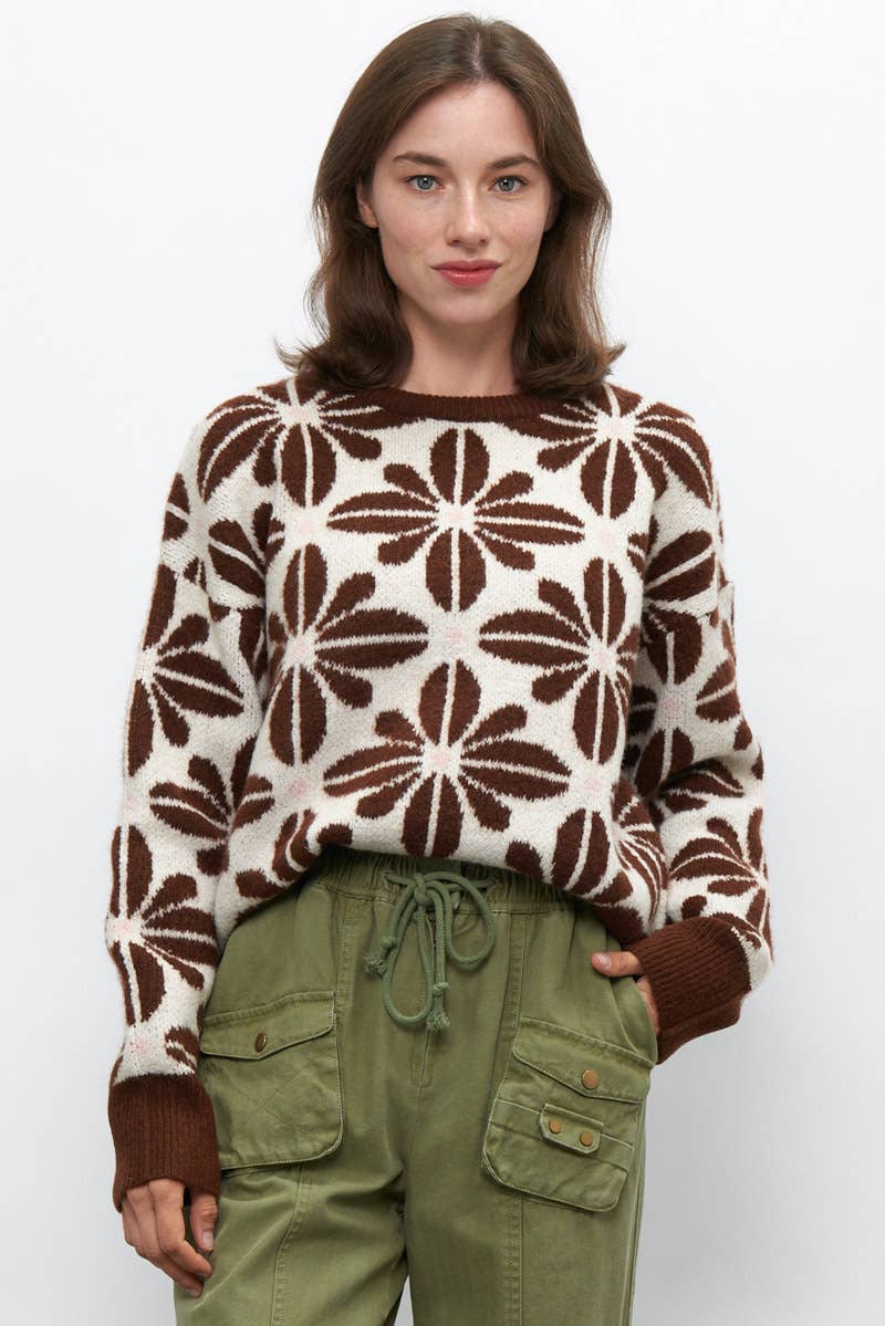 Newbury Kustom - Wholesale Knit Sweater - Women's - 11163-Floral Pattern Crew Neck Sweater7