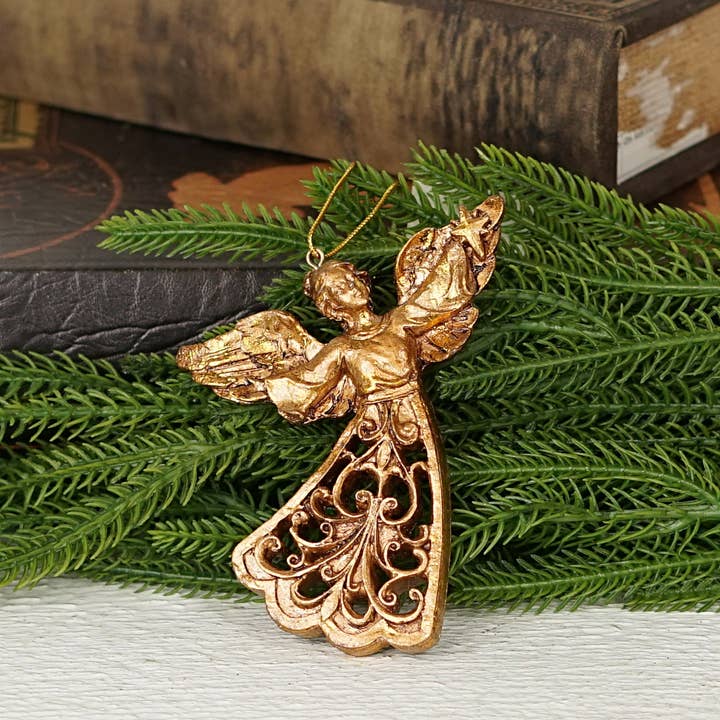 Impressive Enterprises, Inc. - Wholesale Ornament - M2327- polyresin Golden Flying Angel Ornament- 4.5" x 3"3