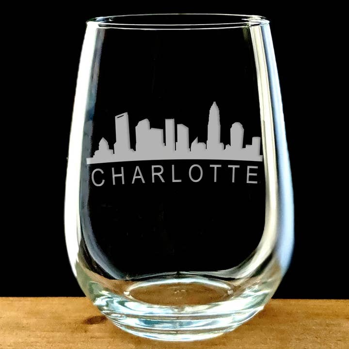 Charlotte Skyline Stemless Wine Glass for wholesale by GrayFoxTradingCo