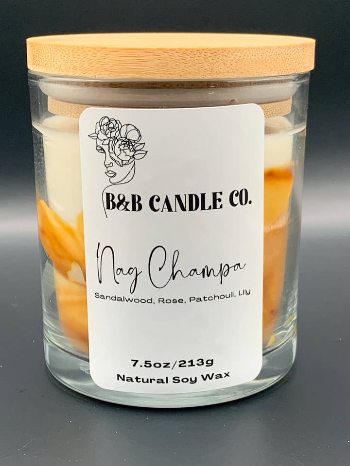 Nag Champa Scented Candle Luxury 7.5oz Glass with Bamboo Lid Aromatherapy for wholesale by B&B Candle Co.