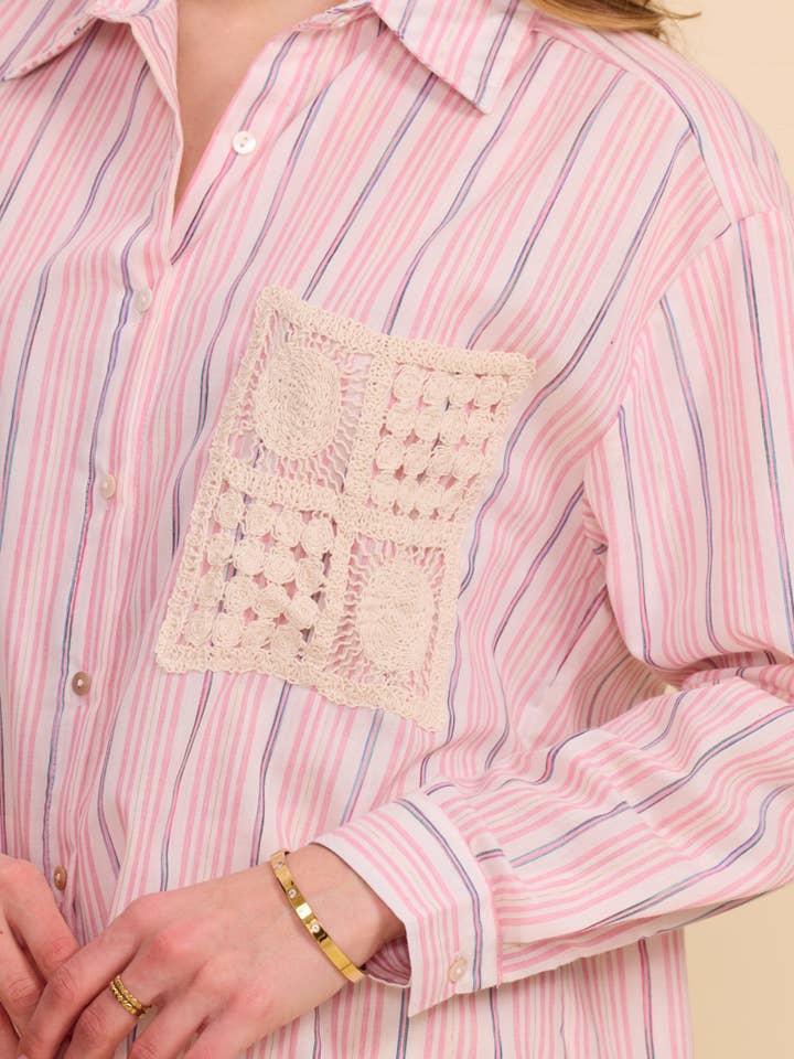 KY CREATION PARIS - Wholesale Button Down Shirt - Women's - Striped shirt with embroidered pocket3