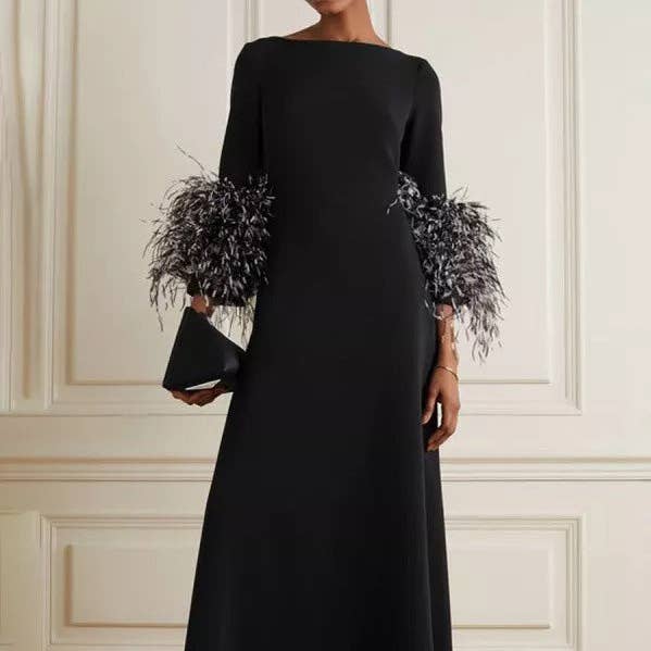 Elegant B&W Feather Sleeve Party Dress for wholesale by Plush Looks