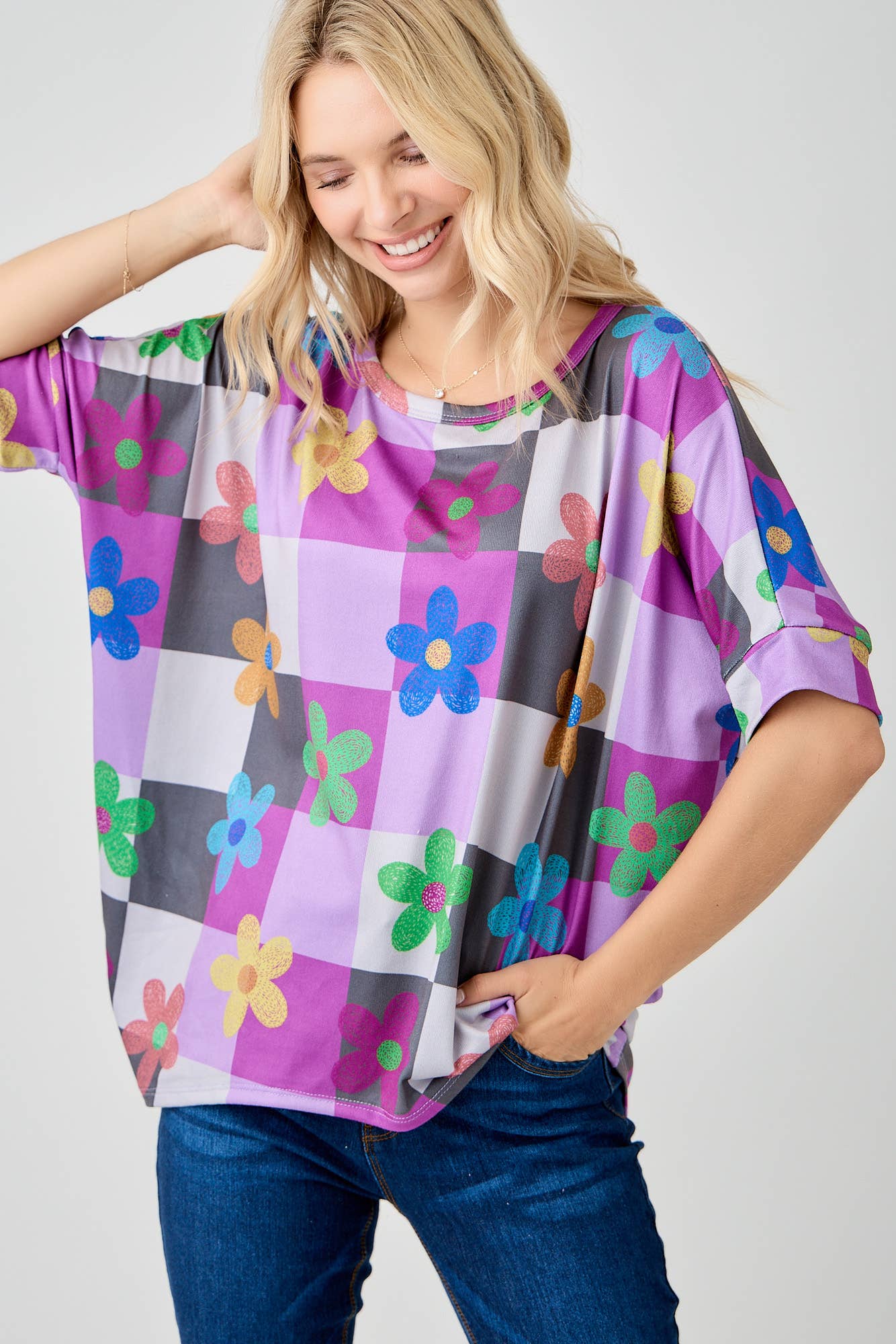 Celeste Clothing - Wholesale Tunic - Women's - WOMEN'S PLUS SIZE CHECKERED FLORAL TOP WITH HIGH-LOW HEM  
21