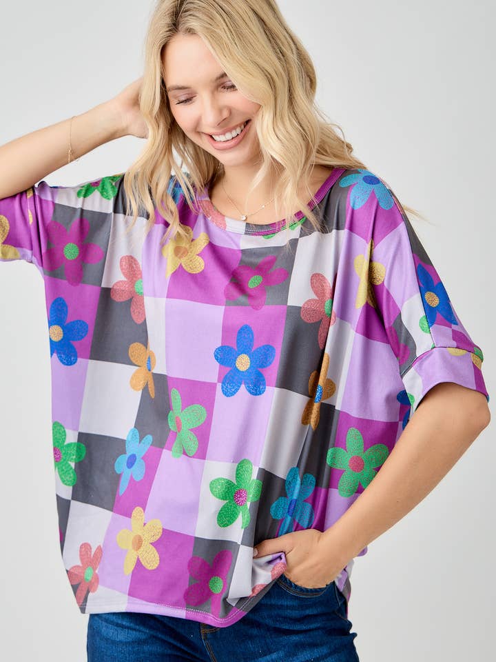 WOMEN'S CHECKERED FLORAL TOP WITH HIGH-LOW HEM -CT43912C
for wholesale by Celeste Clothing