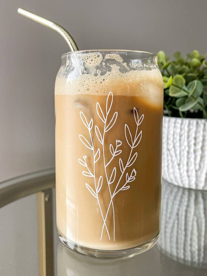 Floral Line Art Beer Can Glass for wholesale by Ivory Honey Designs