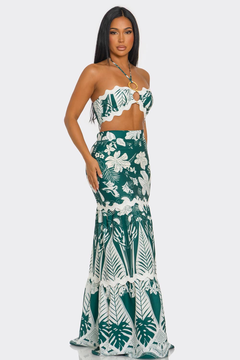 Green HCCTD63369SET&2PC HALTER CORSET & LAYERED MACRAME PRINT MAXI for wholesale on Faire3
