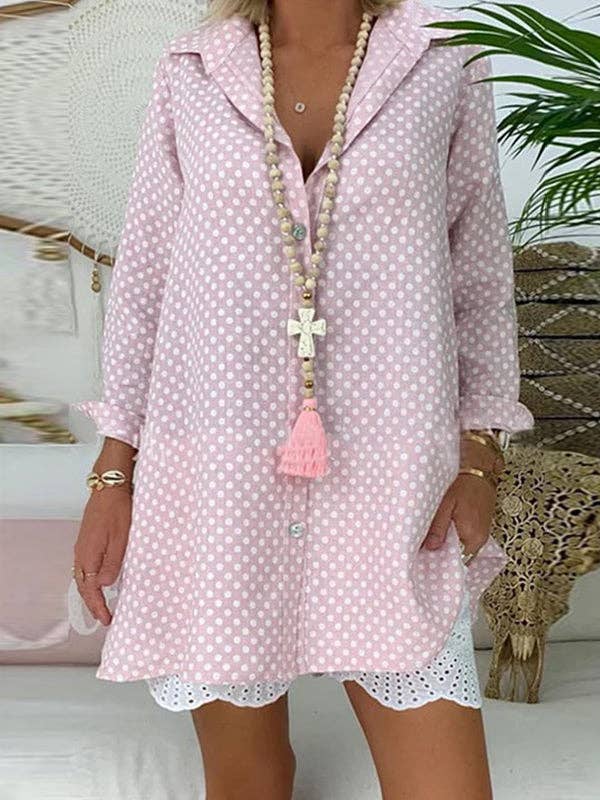 UZ Wholesale Store - Wholesale Tunic - Women's - Long Sleeves Loose Buttoned Polka-Dot Lapel Blouses&Shirts Tops