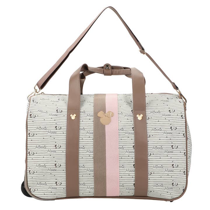 Disney Minnie Mouse Character art & Emblems Taupe 18" Rolling Duffle Bag for wholesale by Bioworld Merchandising