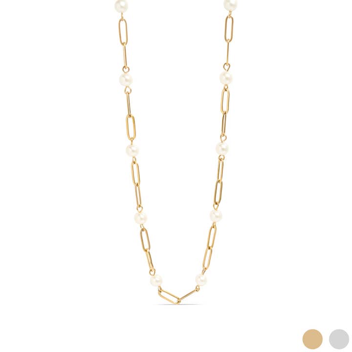 WJW - Wholesale Link & Chain Necklace - 18K Gold PVD Steel Station Pearl Paperclip Chain Necklace
