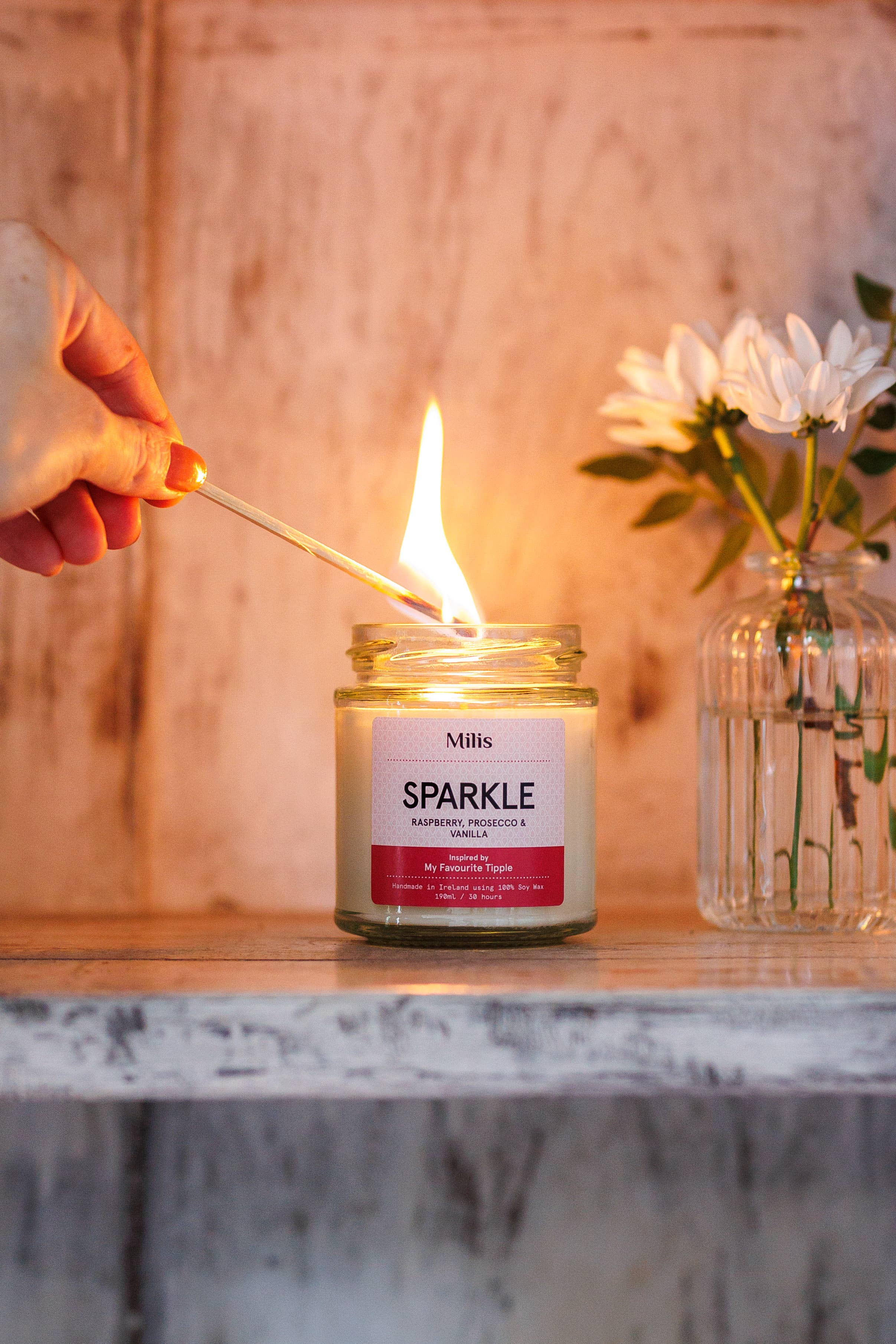 Milis – Engroshandel Glaslys – Sparkle Duftlys – hindbær, prosecco og vanilje3