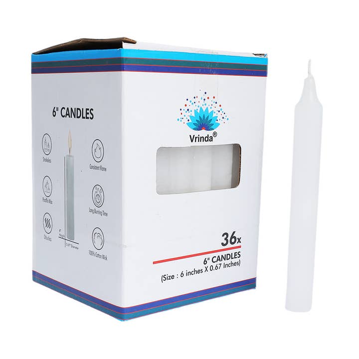 Vrinda - Wholesale Tapered Candle/Candlestick - 6" Taper White Candles (36 in a pack)