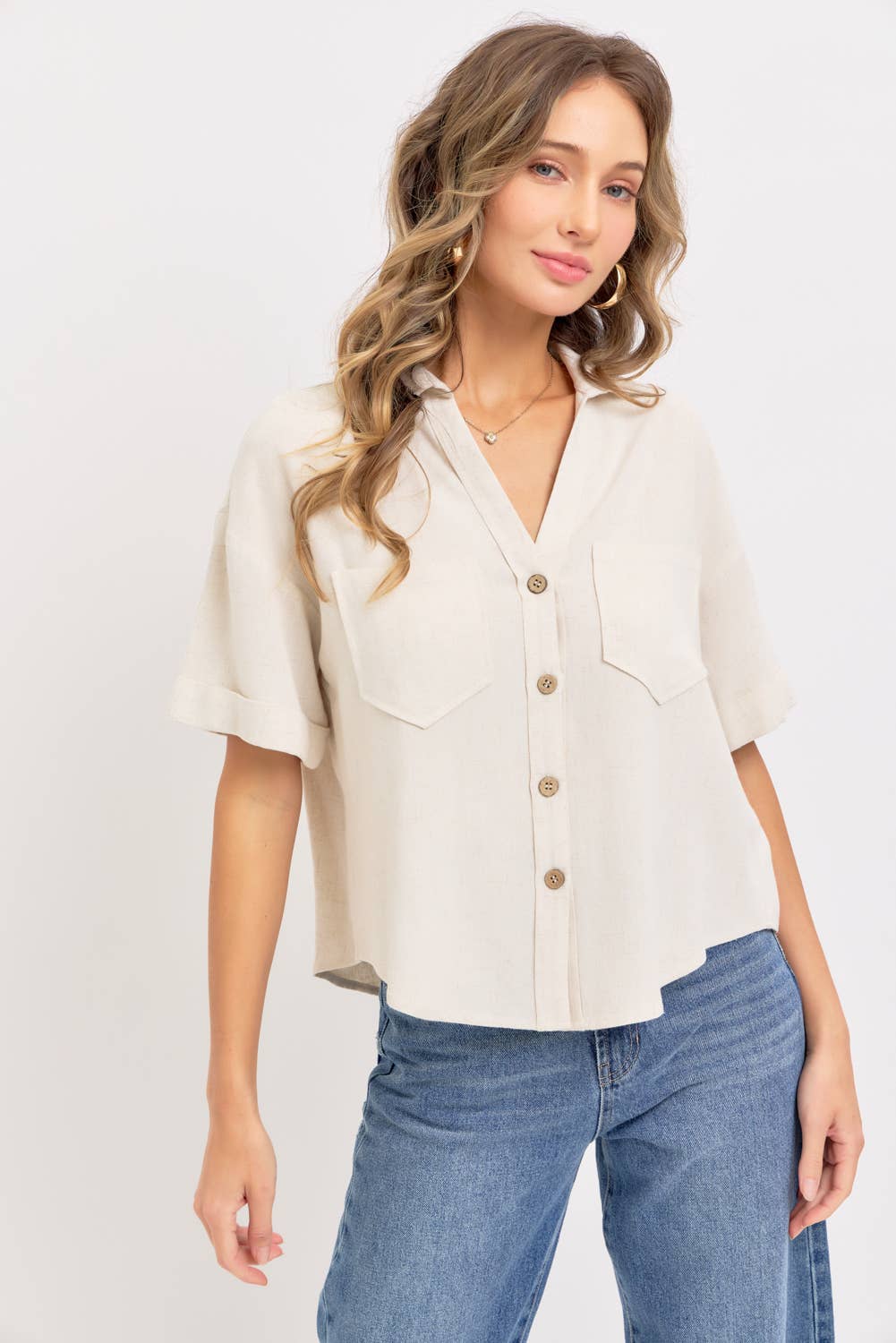 Sweet Lovely by Jen - Wholesale Button Down Shirt - Women's - LINEN BLEND BUTTON DWON CASUAL SHIRT14