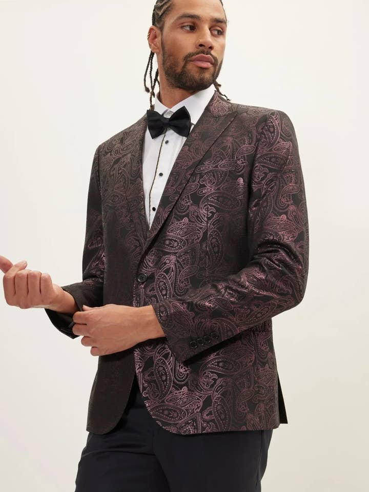 Veste de smoking Paisley Peak à paillettes pour hommes - Bordeaux pour la vente par Ron Tomson