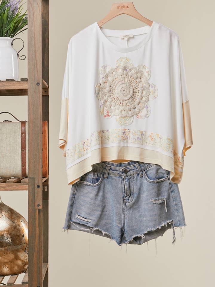 LACE EMBROIDERED SHORT SLEEVES ROUND NECK TOP for wholesale by Mello.