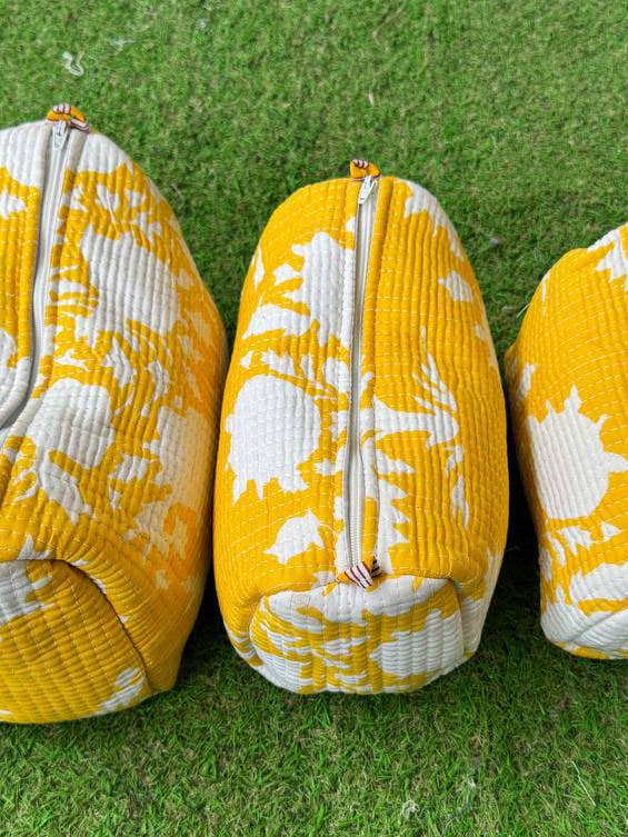 Yellow Pure Cotton Hand Block Print Cosmetic Bag Quilted Bag for wholesale by GYPSY STUDIO