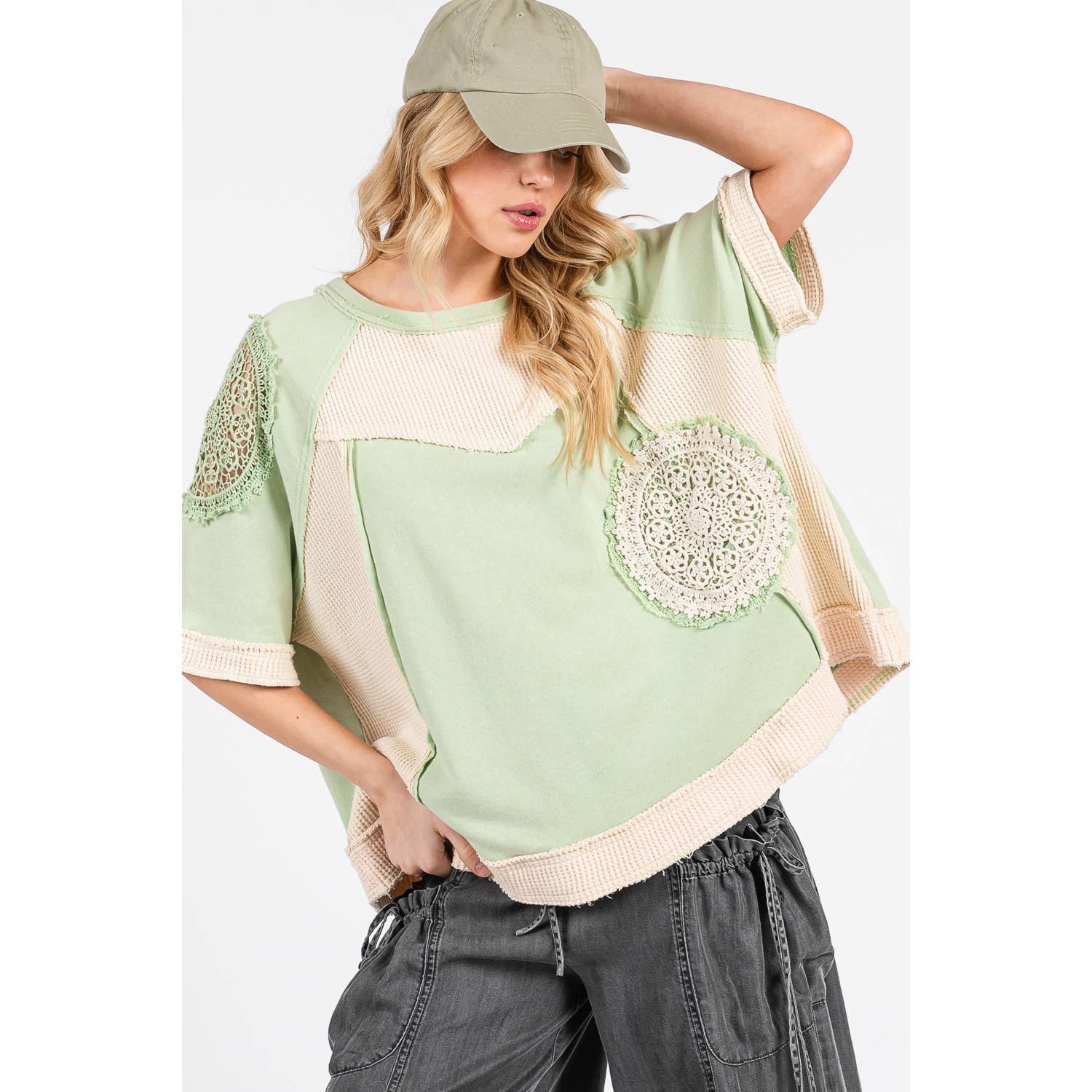 Sage VINTAGE CROCHET PATCHWORK TOP (ST7715) for wholesale on Faire0