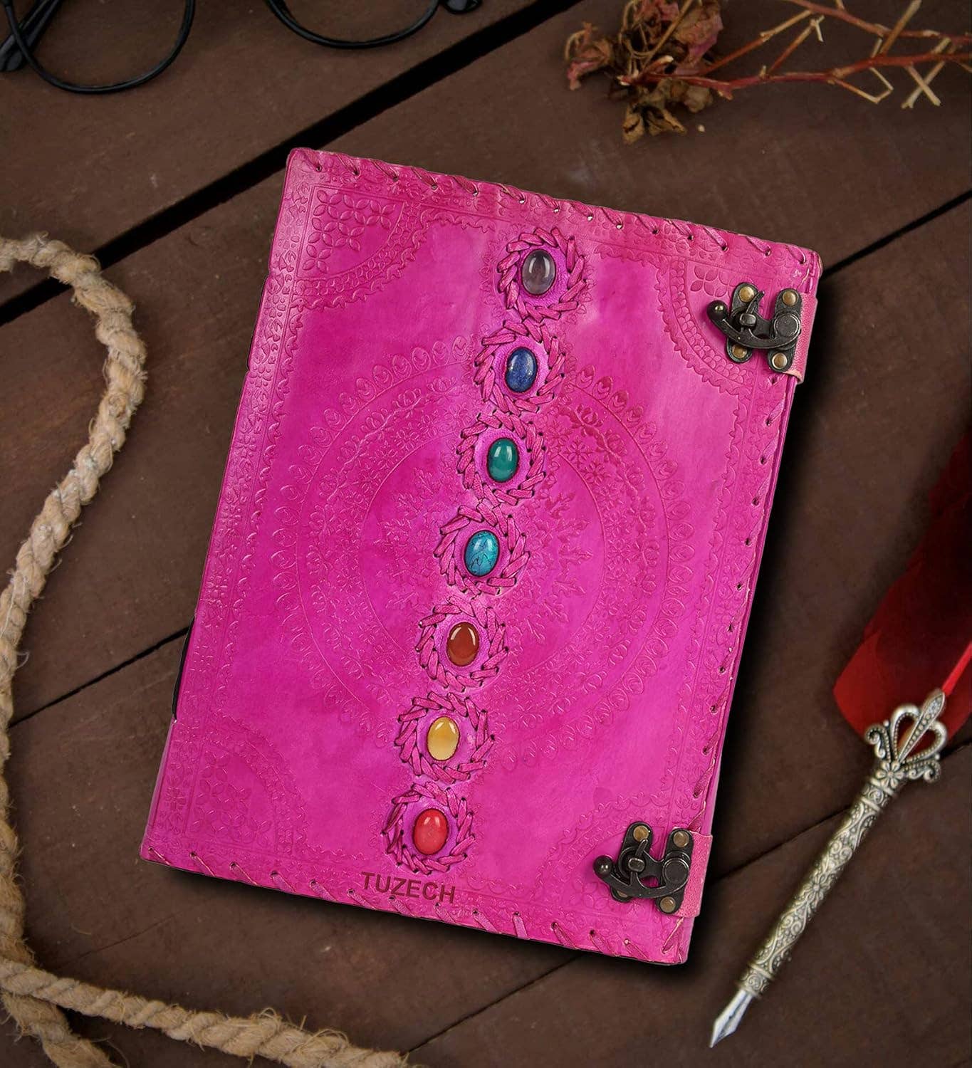 Tuzech Leather - Wholesale Journal/Diary - Tuzech Seven Chakra Medieval Stone Embossed Handmade Jumbo Leather Journal Book of Shadows Notebook Office Hocus Pocus Diary College Poetry Sketch With Leather Bound64