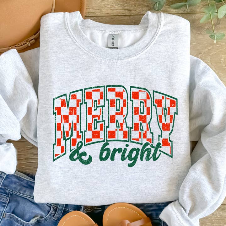 Checkered Merry and Bright Graphic Tee/Crewneck for wholesale by Willow Poppy