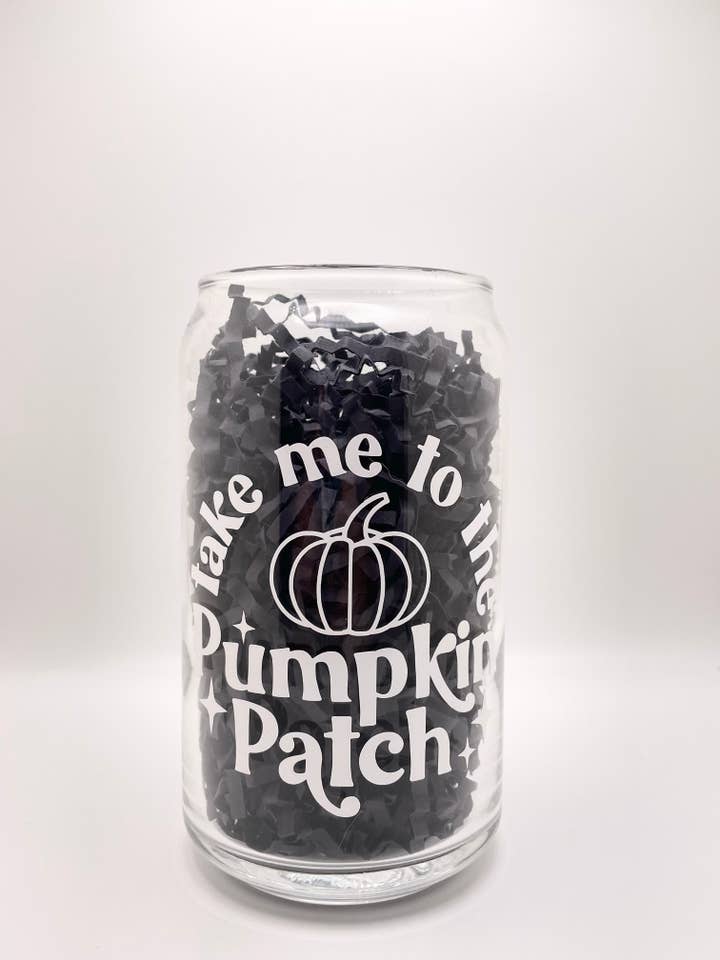 White Take Me To The Pumpkin Patch Autumn Fall Can Glass Cup for wholesale by Jeanne Mari & Co
