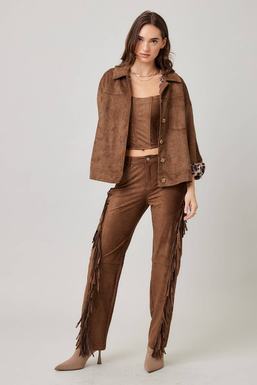 MOCHA Suede Fringed Pants for wholesale on Faire8