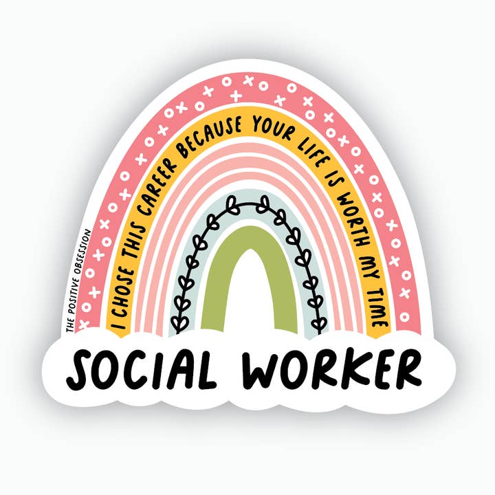 Adesivo in vinile con arcobaleno rosa Social Work, regalo per studenti universitari per la vendita all'ingrosso da parte di Purple Ink Paperie