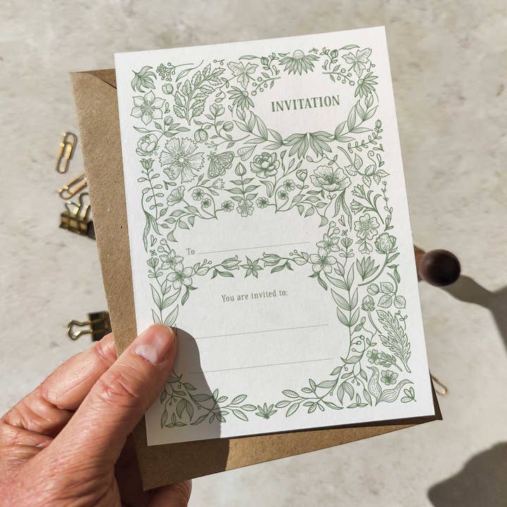 Botanical Green Ready to Write Invitations and Envelopes for wholesale by Paper Willow
