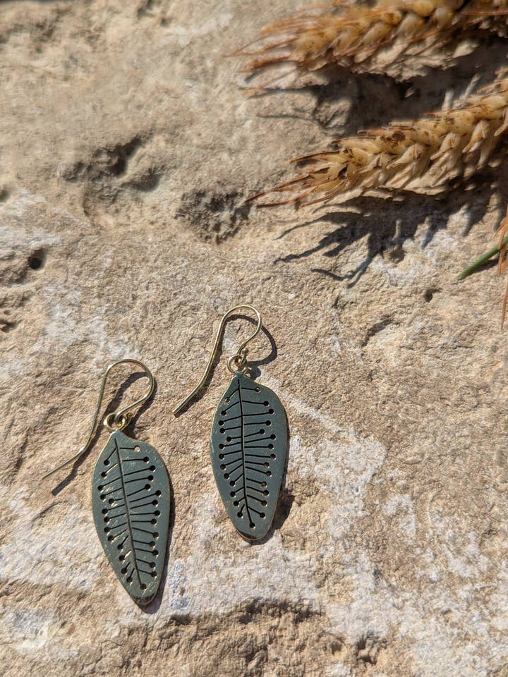 Stamped Leaf Earring for wholesale by Grain of Rice Project