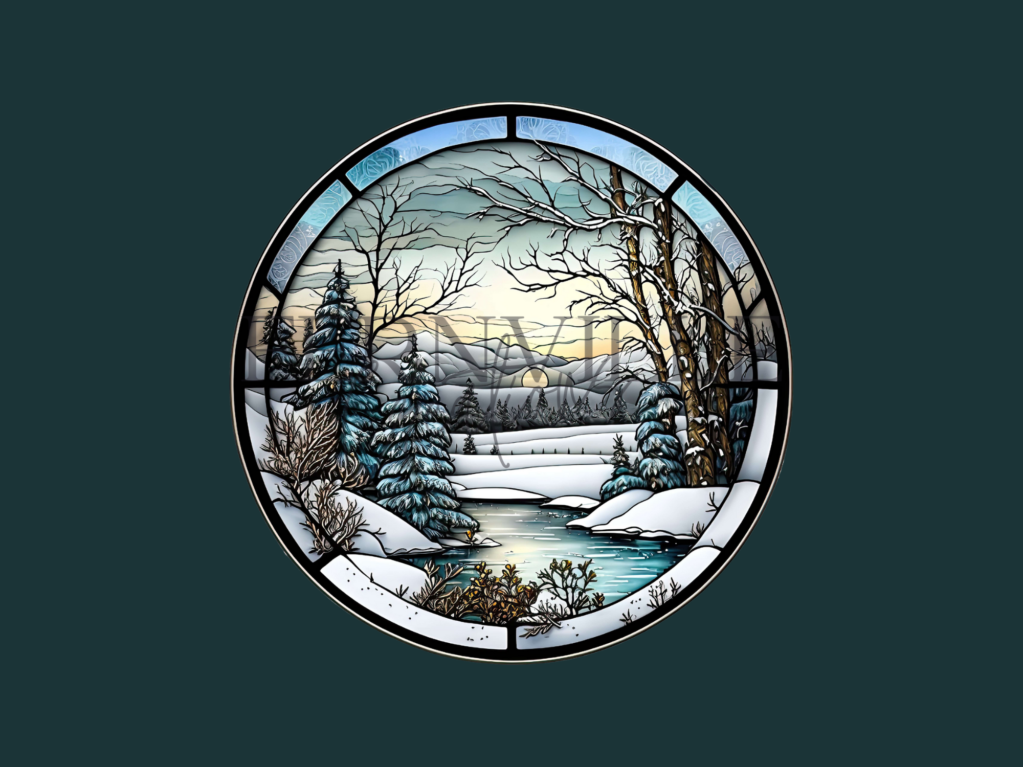 Fernville Creations - Vente Objets de décoration - Ornement en céramique scène d'hiver avec image en vitrail2