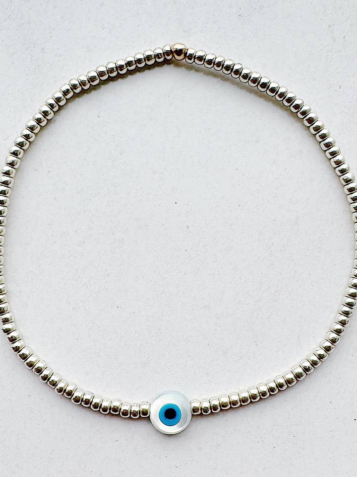 Evil Eye Solo Stretch Beaded Bracelet - silver for wholesale by On the Lookout Jewelry