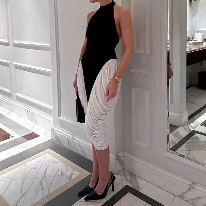 Halter Neck Ruched Black & White Midi Dress and other Purchase Wholesale whitedresses. Free Returns & Net 60 Terms on Faire trending on Faire.