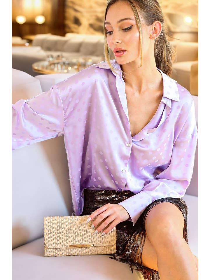 Vine & Love - Wholesale Button Down Shirt - Women's - Collared Neck Long Sleeve Dot Print Satin Blouse VT81294D-2