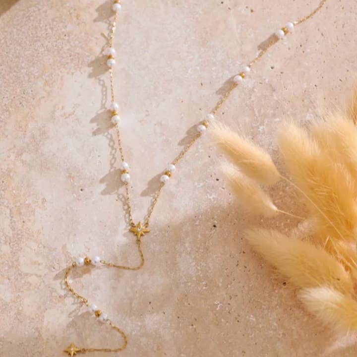 Star & Pearl Lariat Necklace - Gold or Silver for wholesale by Misgraceful