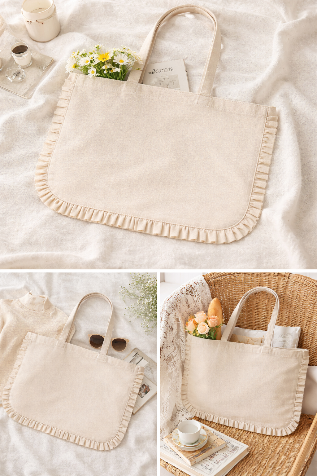 House of Kraft - Wholesale Tote Bag - Women's - Canvas Ruffle Tote | Canvas Tote Bag | Unbranded Canvas Tote4